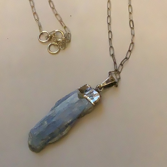 Jewelry - Silver Necklace with Blue geo Pendant 28 inch long